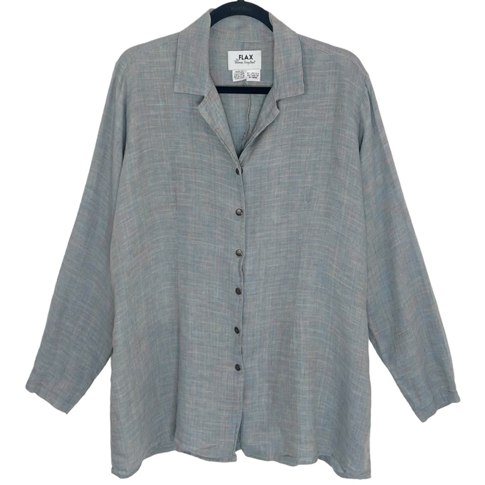 Flax Blue Lagenlook Long Sleeve Linen Snap Button Front Top Size Medium